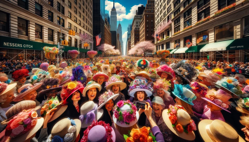 Vibrant AI scene at NYC Easter Parade with colorful bonnets and festive outfits