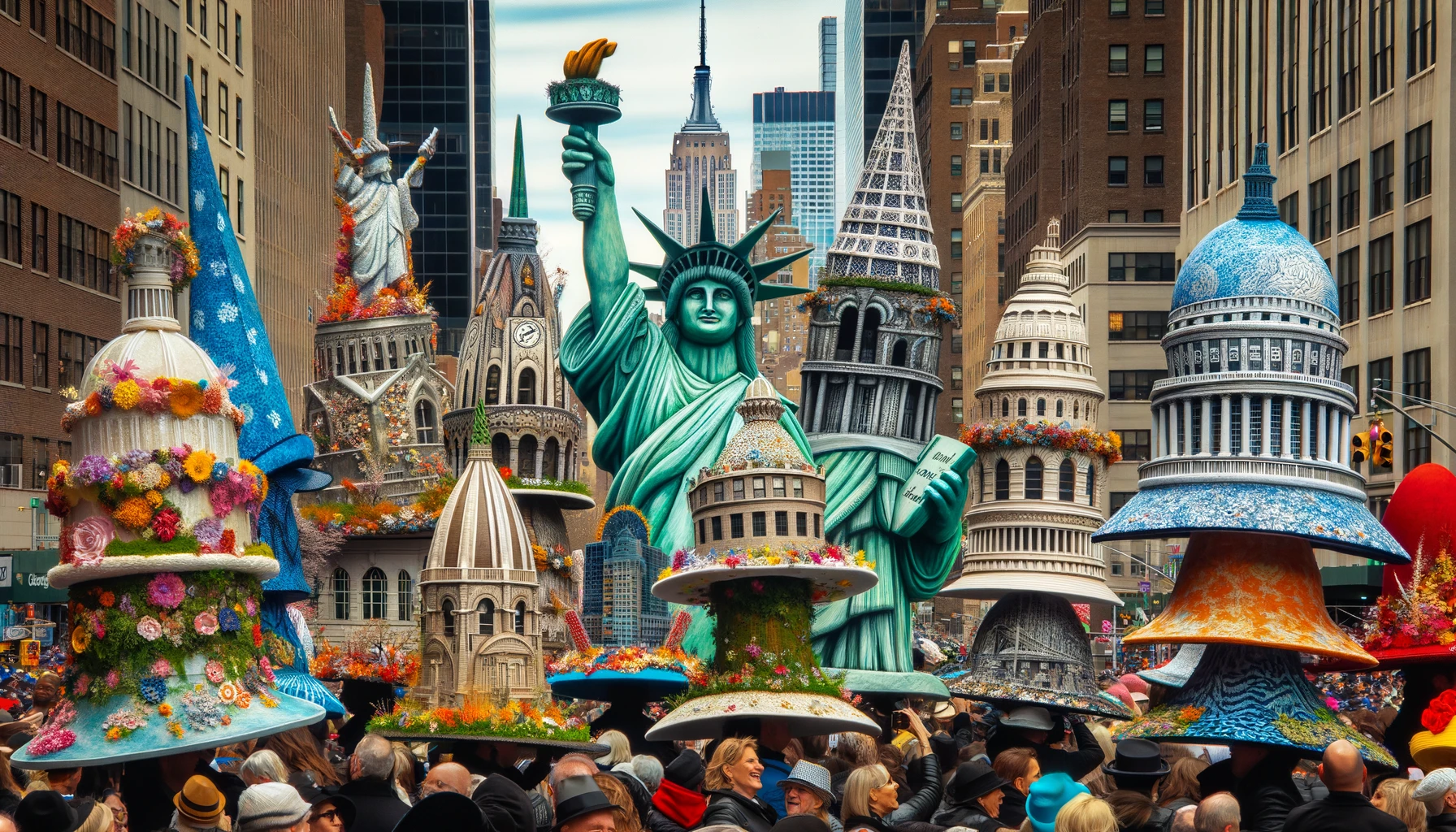 A captivating scene from the NYC Easter Parade with diverse crowds wearing extraordinary hats